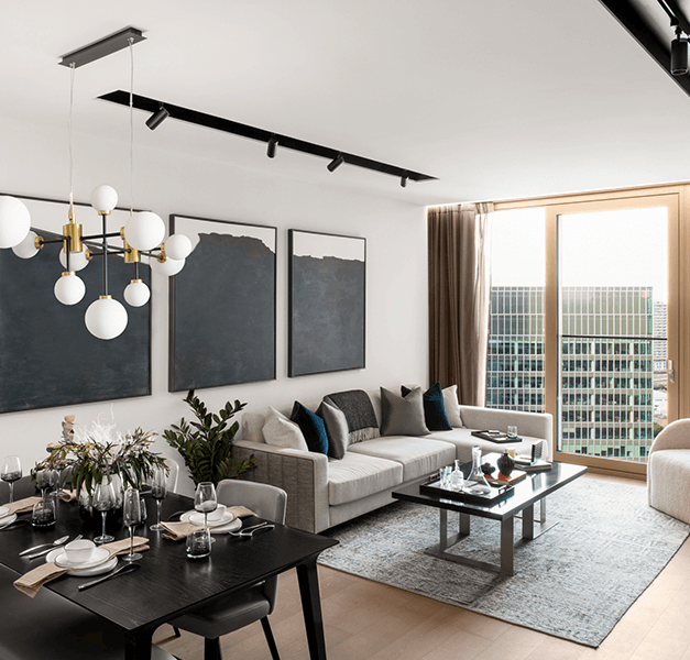 Cluster living and dining with view of Canary Wharf