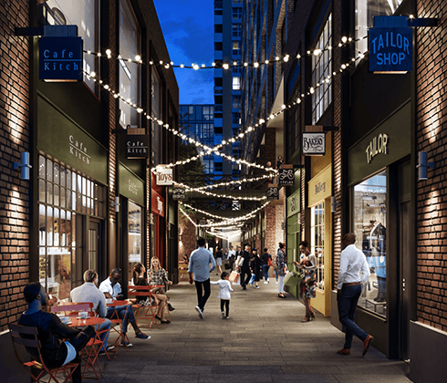 View of the Harbord Square lanes at night, CGI